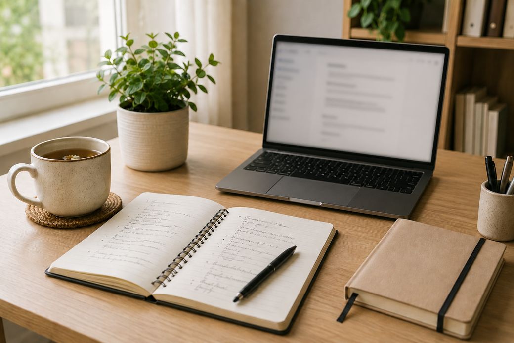 A notebook, laptop and cup of herbal tea on a sunlit wooden desk, set up for an online consultation.