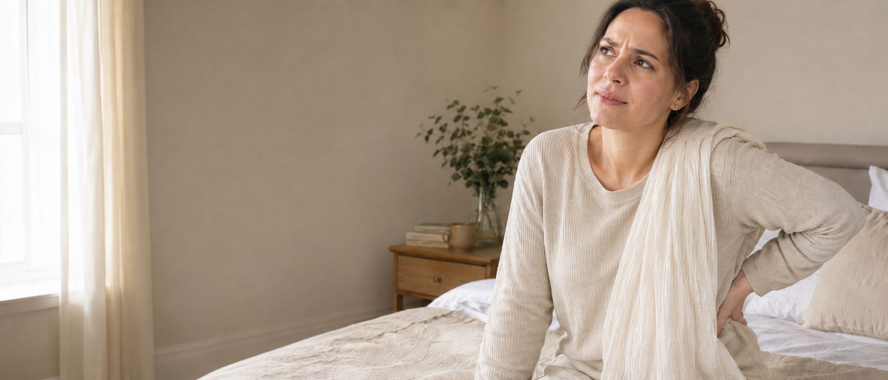 A mother sitting on the edge of a bed in morning light, one hand pressed to her lower back.