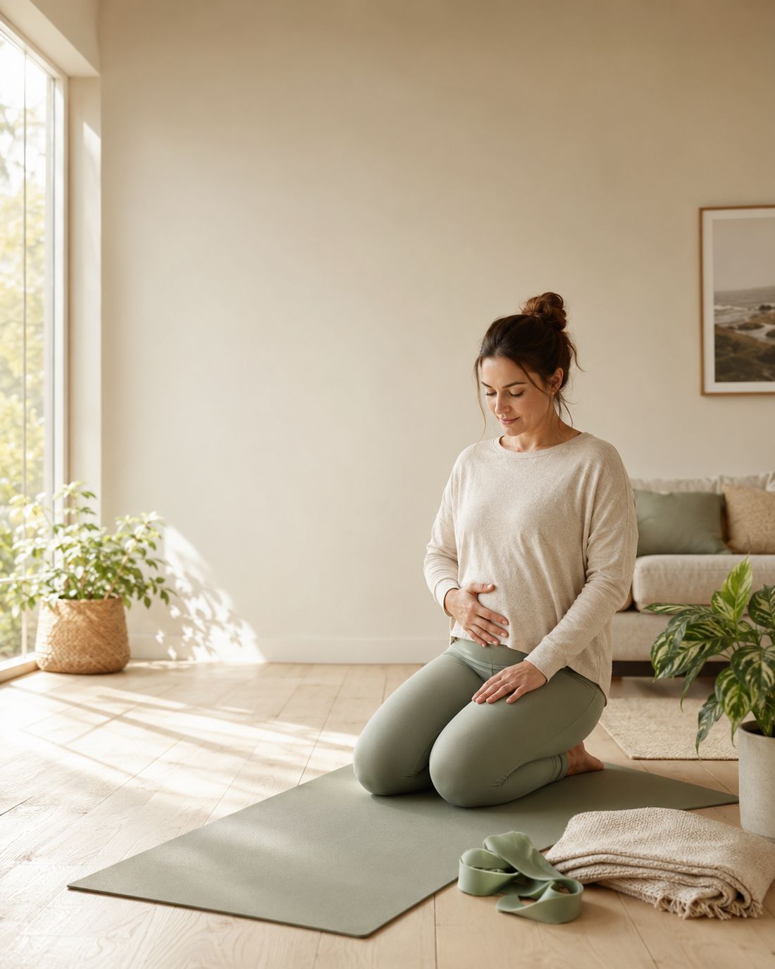 A mother kneeling on an exercise mat in a sunlit living room, one hand resting on her lower abdomen during a gentle postnatal breathing exercise.