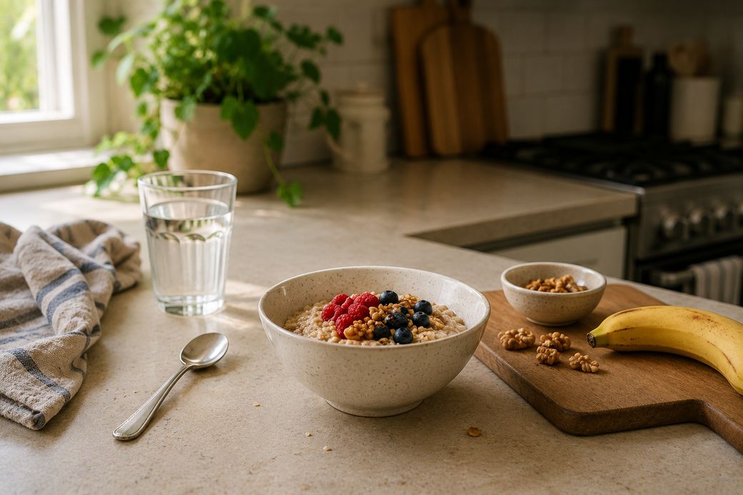 A simple breakfast of porridge with berries, walnuts, a banana and a glass of water on a kitchen counter.