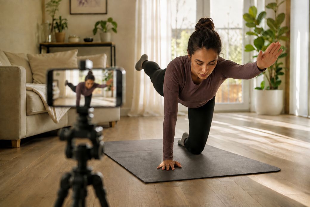 A phone on a tripod filming a woman performing a controlled exercise on a mat at home.